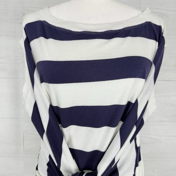 Anthropologie Maeve Tie Front Wrap Tee Shirt Size L Navy White Rugby Striped - Picture 3 of 14
